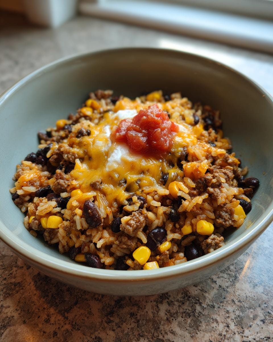 Nahaufnahme einer Einfache Taco-Reis-Bowl mit Reis, Hackfleisch, Bohnen, Mais, Käse und Salsa in einer Schüssel.