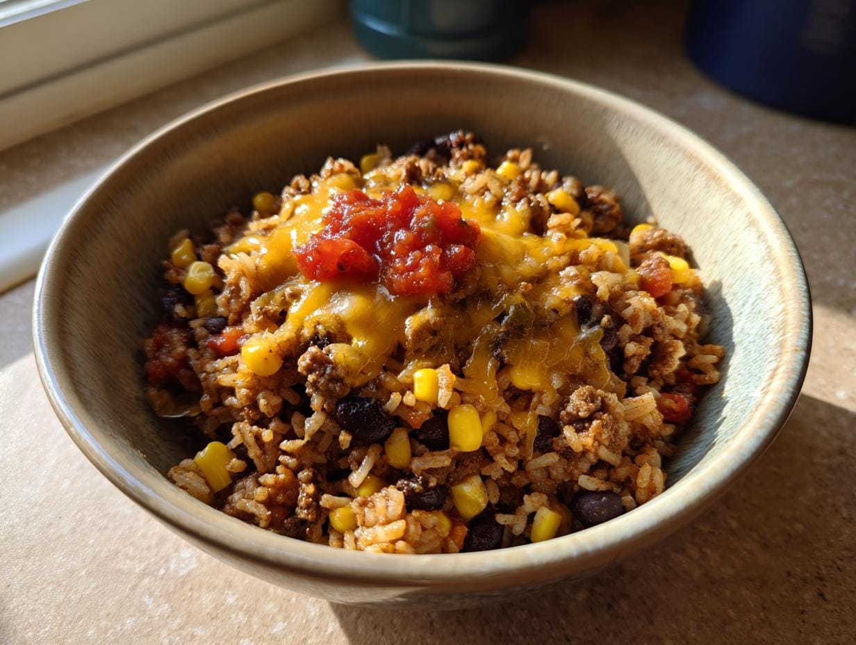 Nahaufnahme einer Einfache Taco-Reis-Bowl mit Reis, Hackfleisch, Mais, Bohnen, Käse und Salsa.