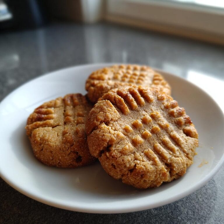 Three Erdnussbutterkekse Low Carb (low carb peanut butter cookies) on a white plate.