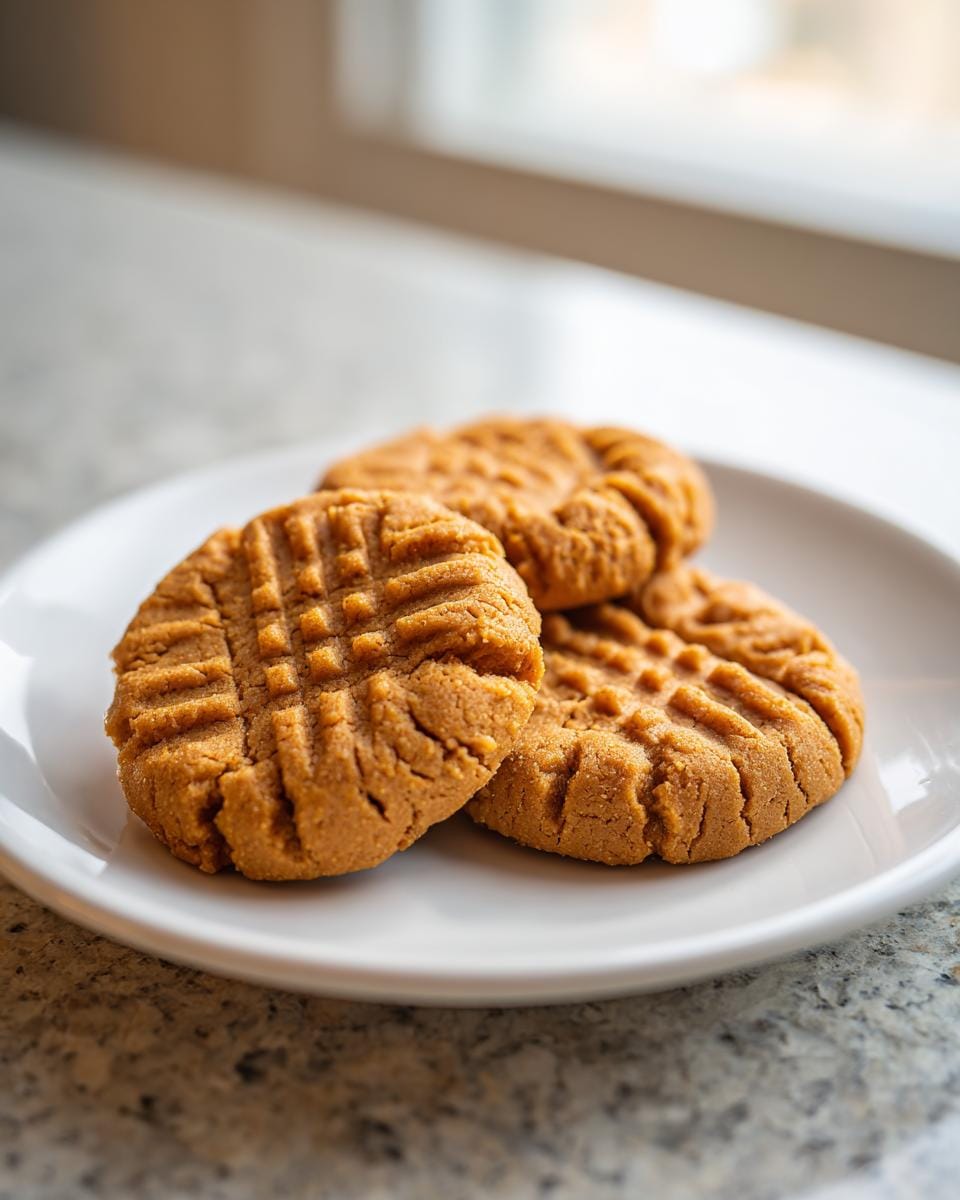 Three Erdnussbutterkekse Low Carb on a white plate, showing their textured surface.