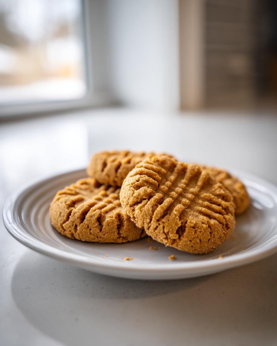Three Erdnussbutterkekse Low Carb cookies stacked on a white plate, showing their textured surface.