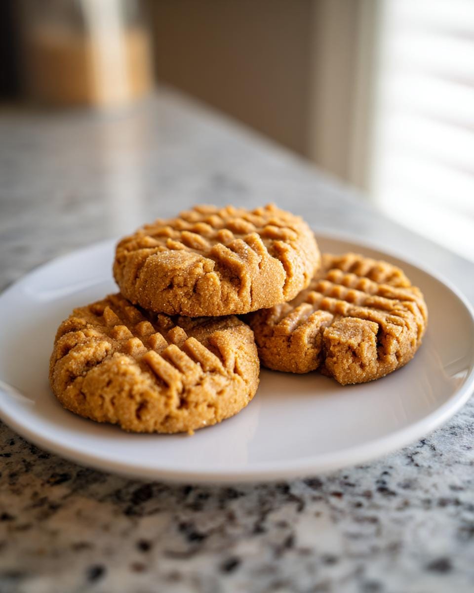 A stack of three Erdnussbutterkekse Low Carb cookies on a white plate, showcasing their texture.