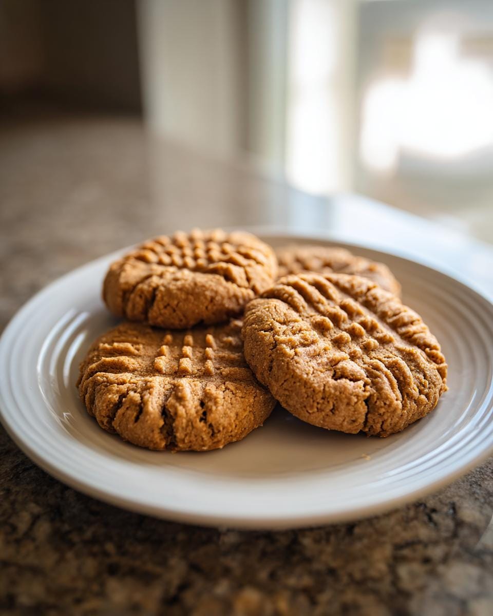 Nahaufnahme von Erdnussbutterkekse Low Carb auf einem weißen Teller.