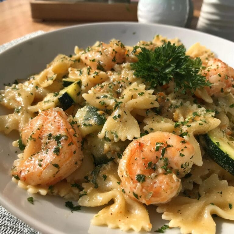 Close-up of Farfalle mit Garnelen-Sahne und Zucchini, featuring shrimp, zucchini, and creamy sauce.