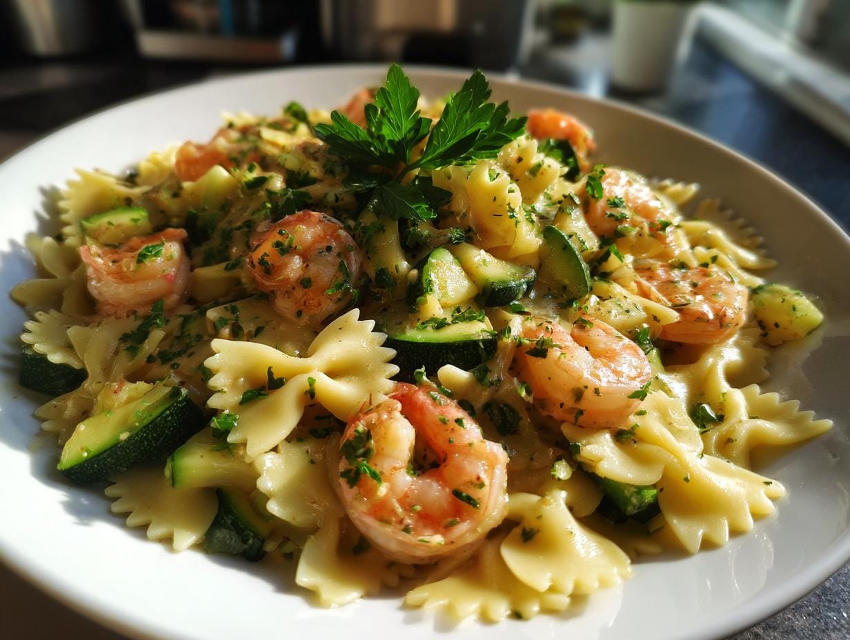 Farfalle mit Garnelen-Sahne und Zucchini, garnished with fresh parsley on a white plate.