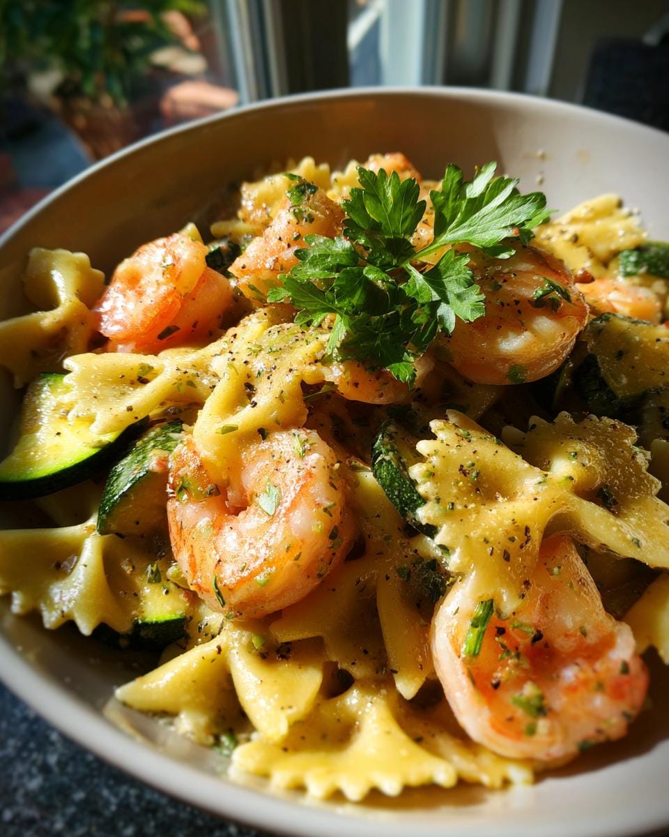 Close-up of Farfalle mit Garnelen-Sahne und Zucchini, garnished with parsley, in a bowl.