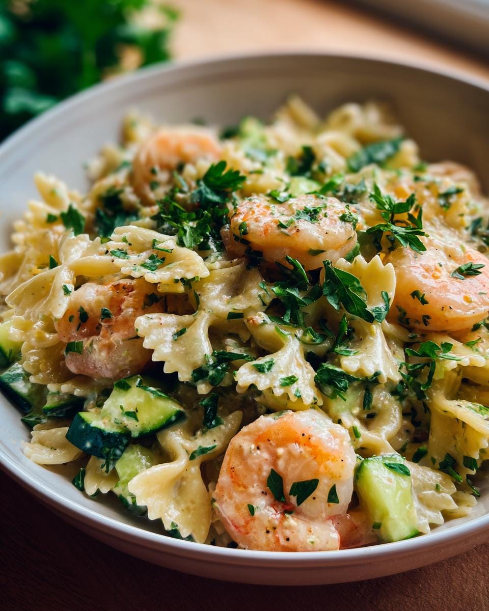 Bowl of Farfalle mit Garnelen-Sahne und Zucchini, garnished with parsley.