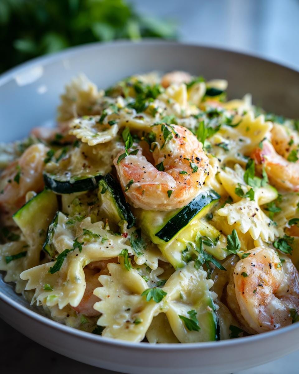 Close-up of Farfalle mit Garnelen-Sahne und Zucchini in a bowl, garnished with fresh parsley.