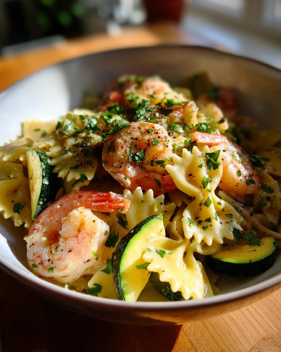 A bowl of Farfalle mit Garnelen-Sahne und Zucchini, featuring bow tie pasta, shrimp, zucchini, and a creamy sauce.