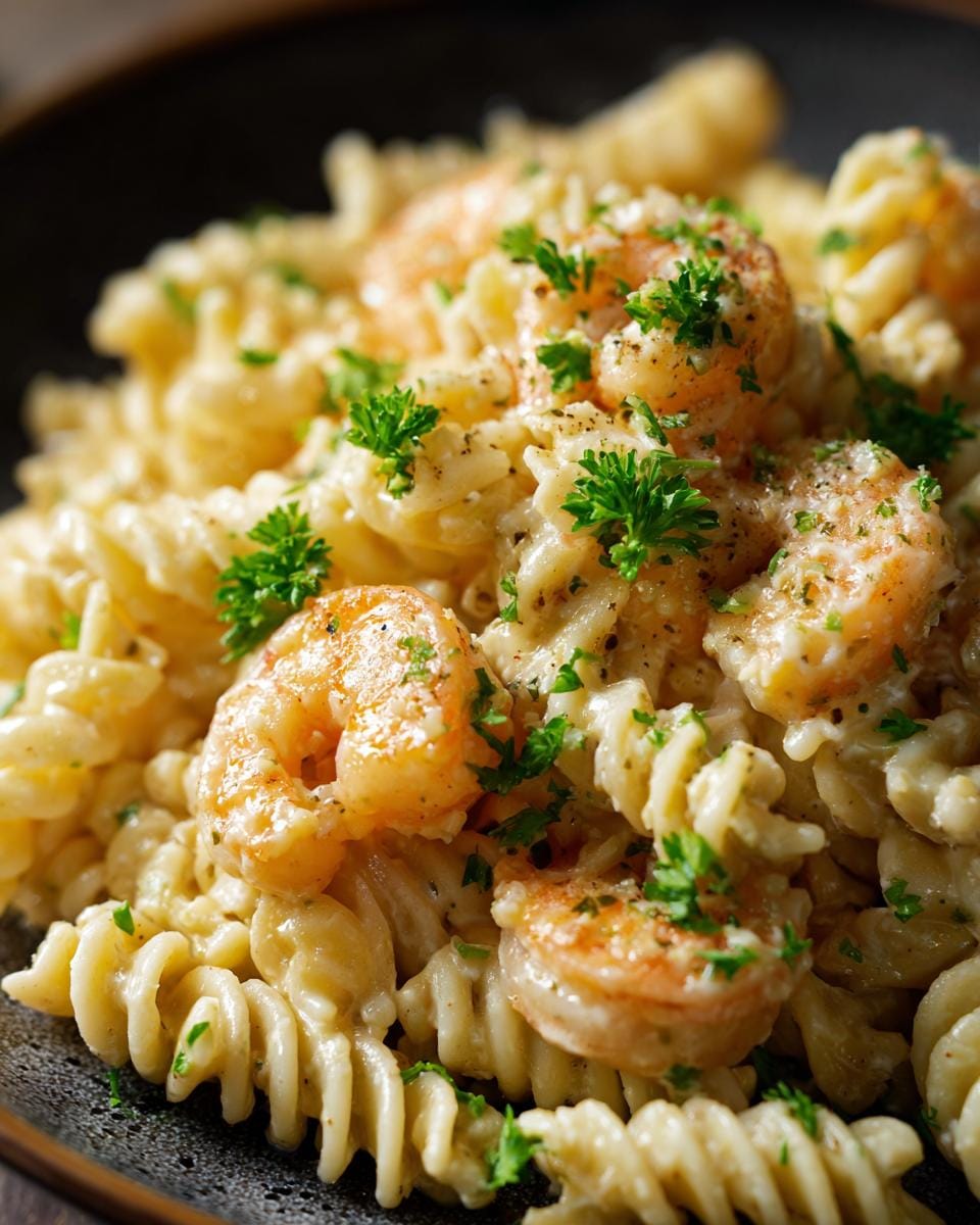 Close-up of Fusilli mit Garnelen und Knoblauch-Sahne, garnished with fresh parsley.