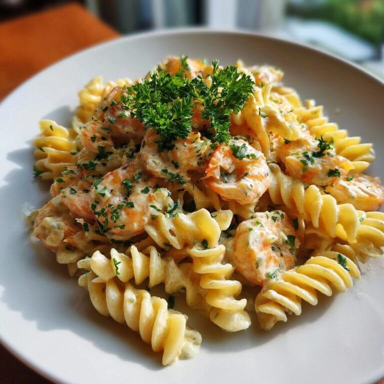 Close-up of Fusilli mit Garnelen und Knoblauch-Sahne, garnished with fresh parsley.