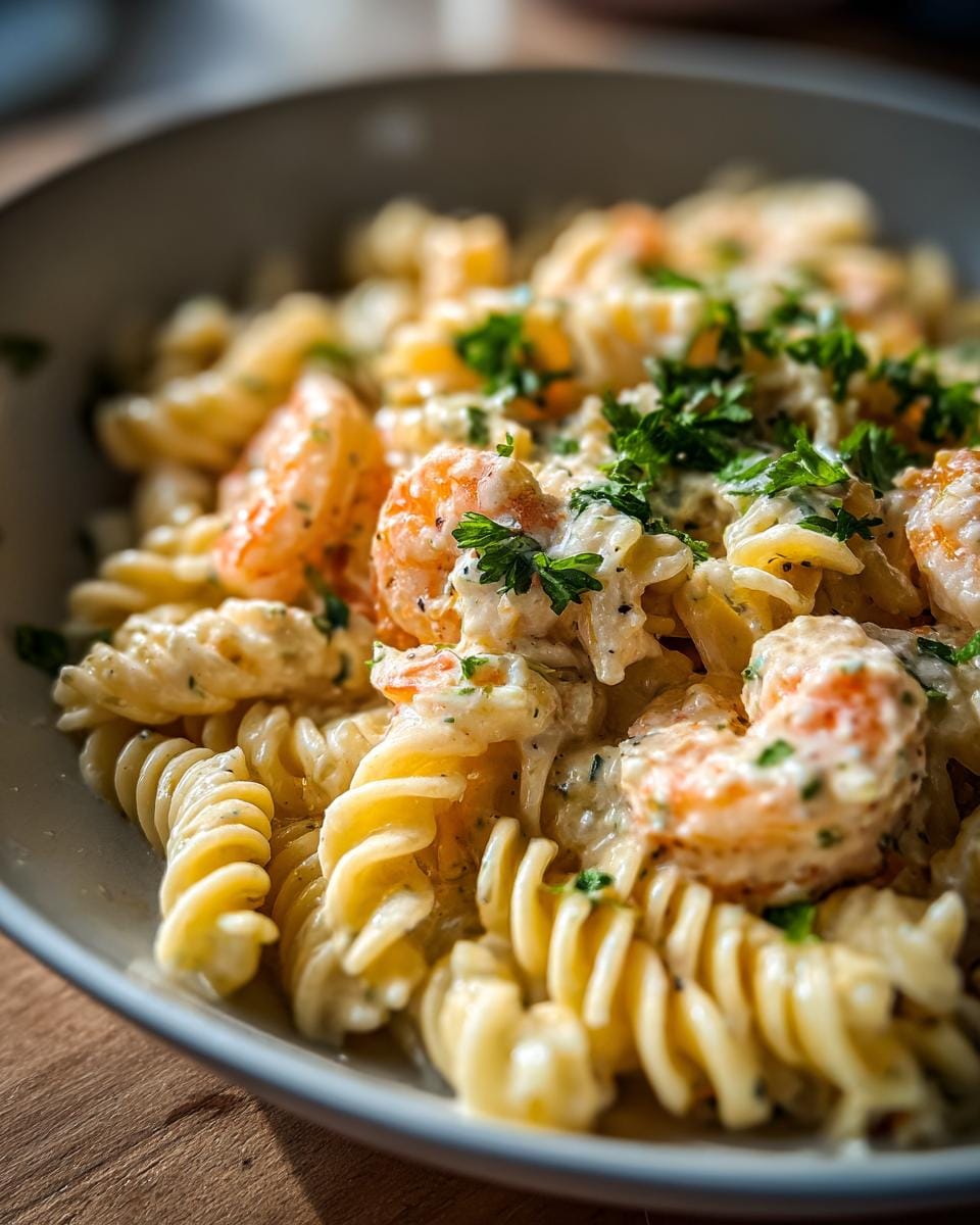 Close-up of Fusilli mit Garnelen und Knoblauch-Sahne, showing pasta, shrimp, creamy garlic sauce, and parsley.