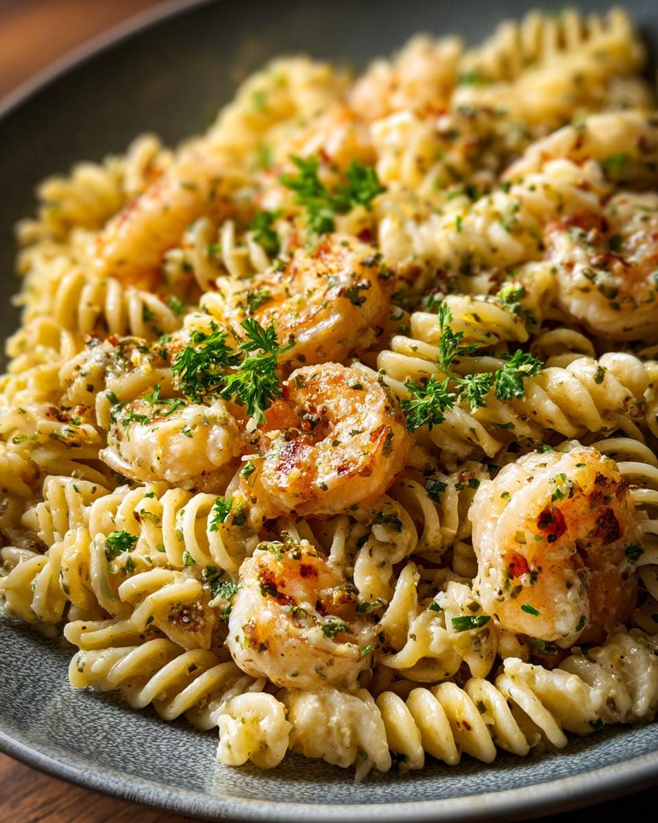 Close-up of Fusilli mit Garnelen und Knoblauch-Sahne, showing pasta, shrimp, garlic cream sauce, and parsley.