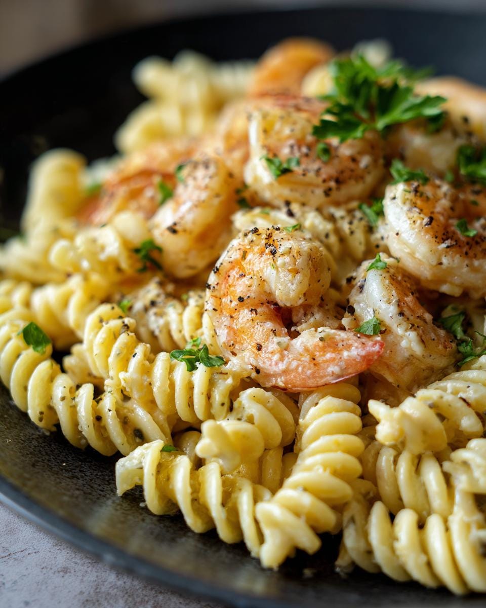 Close-up of Fusilli mit Garnelen und Knoblauch-Sahne, showing pasta, shrimp, garlic cream sauce, and parsley.