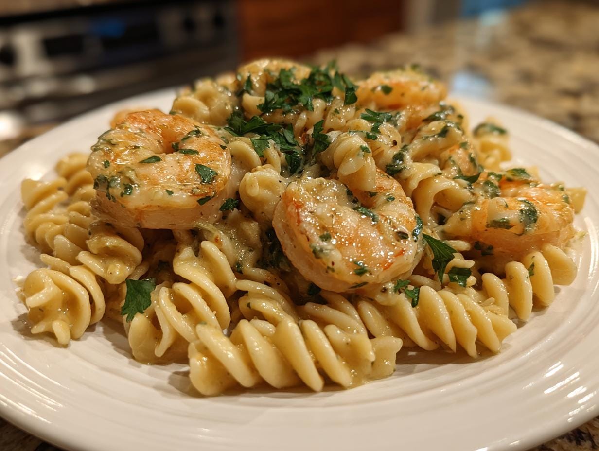 Close-up of Fusilli mit Garnelen und Knoblauch-Sahne, garnished with parsley, on a white plate.