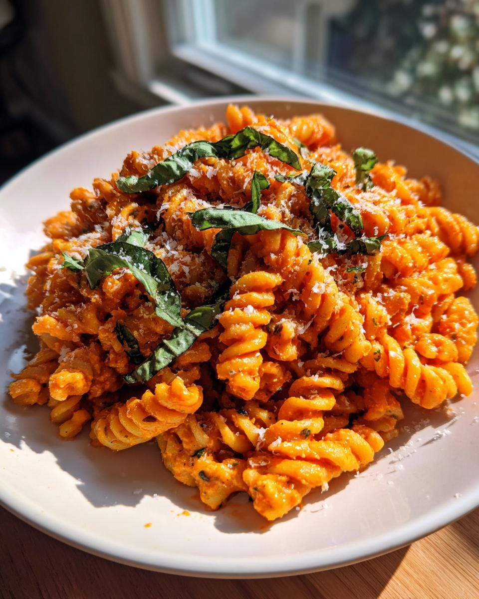 Close-up of Fusilli mit Tomaten-Basilikum-Creme, garnished with fresh basil and parmesan cheese.