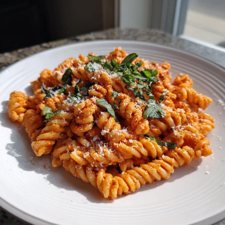 A plate of delicious Fusilli mit Tomaten-Basilikum-Creme, garnished with fresh basil and parmesan cheese.