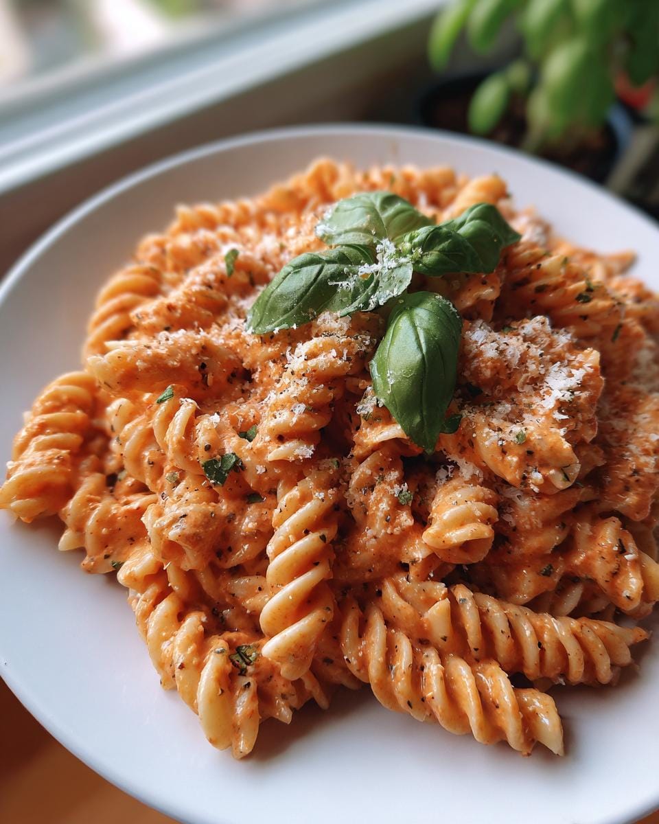 Close-up of Fusilli mit Tomaten-Basilikum-Creme, topped with fresh basil and Parmesan.