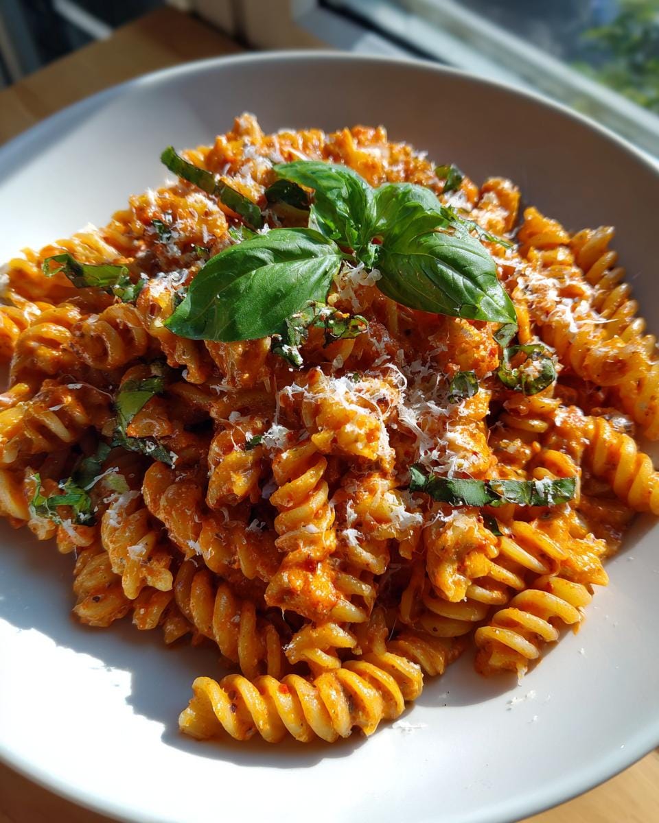 Close-up of Fusilli mit Tomaten-Basilikum-Creme, garnished with fresh basil and Parmesan cheese.