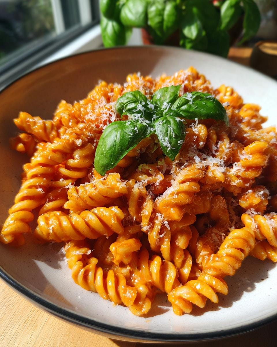 Close-up of Fusilli mit Tomaten-Basilikum-Creme, garnished with basil and Parmesan cheese.