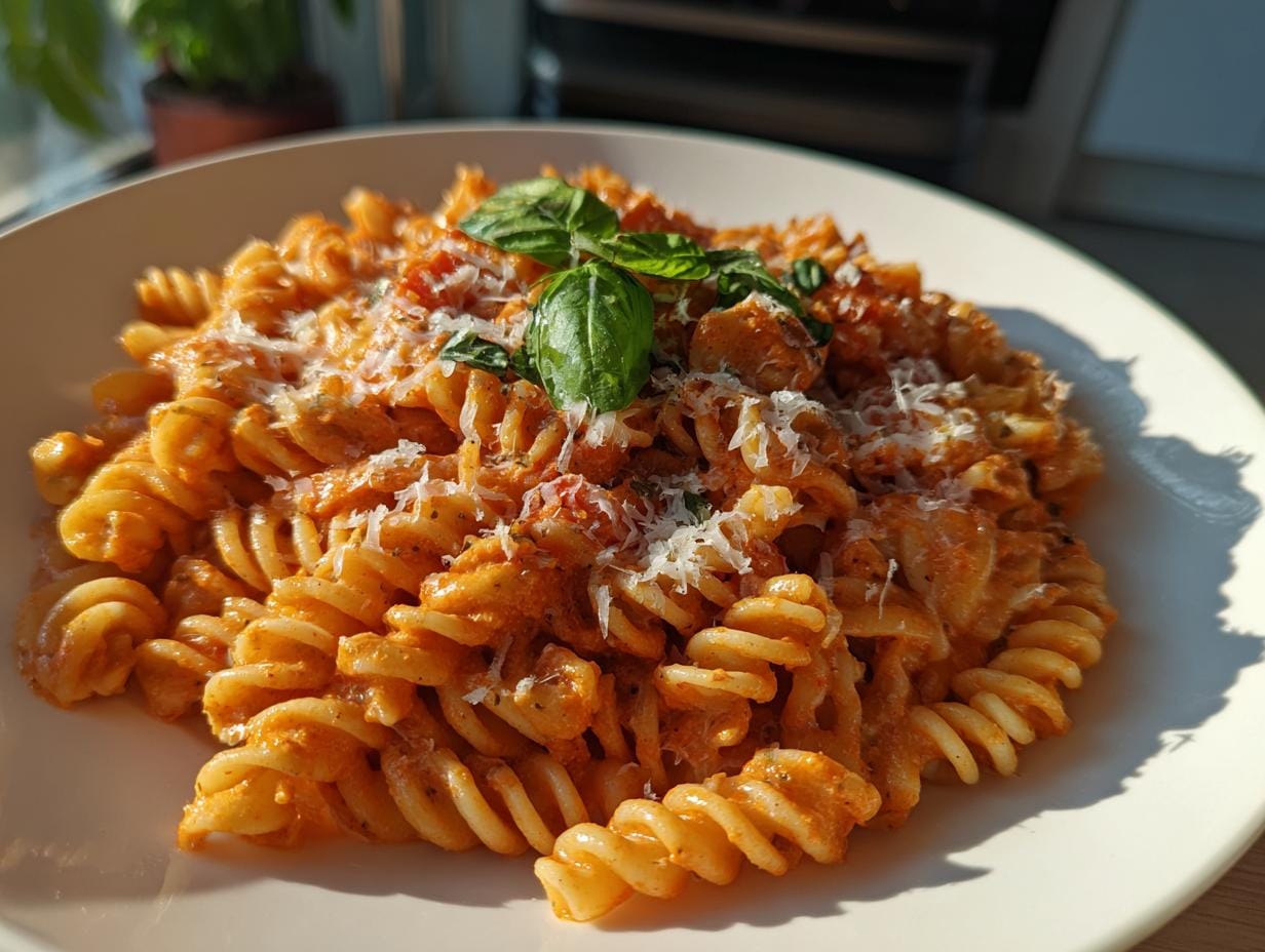 Close-up of Fusilli mit Tomaten-Basilikum-Creme, garnished with basil and parmesan cheese.