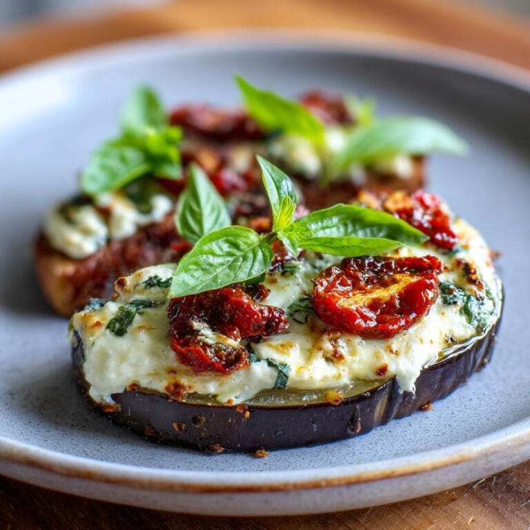 Gebackene Auberginen mit Ricotta und Tomaten, garniert mit frischem Basilikum auf einem Teller.