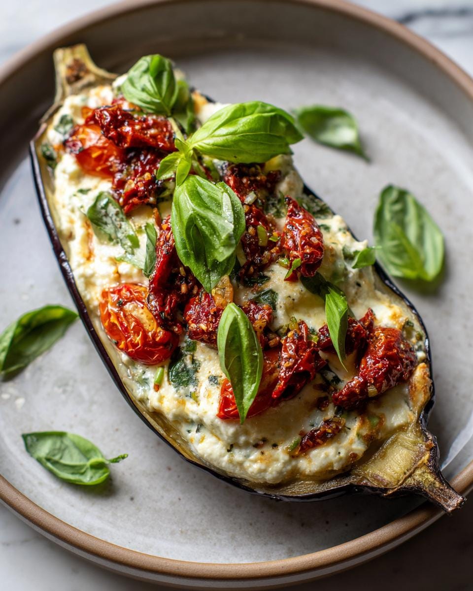 Close-up of Gebackene Auberginen mit Ricotta und Tomaten, garnished with basil leaves on a plate.