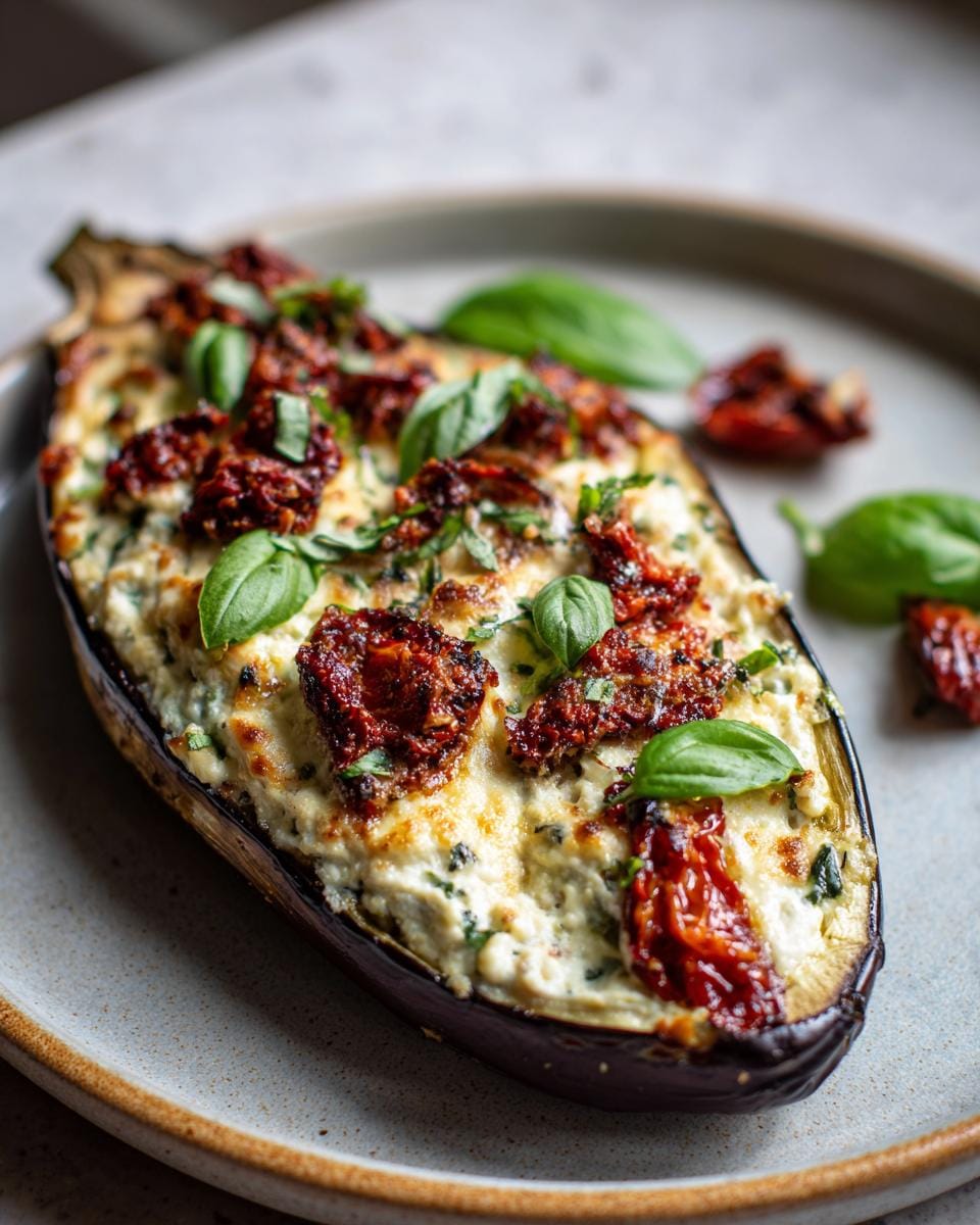 Close-up of Gebackene Auberginen mit Ricotta und Tomaten, garnished with basil, on a plate.