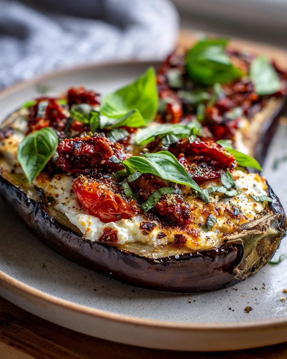 Close-up of Gebackene Auberginen mit Ricotta und Tomaten, garnished with basil.