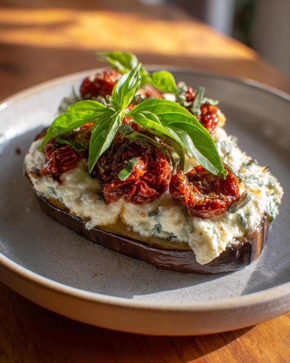 Gebackene Auberginen mit Ricotta und Tomaten, garniert mit frischem Basilikum auf einem Teller.