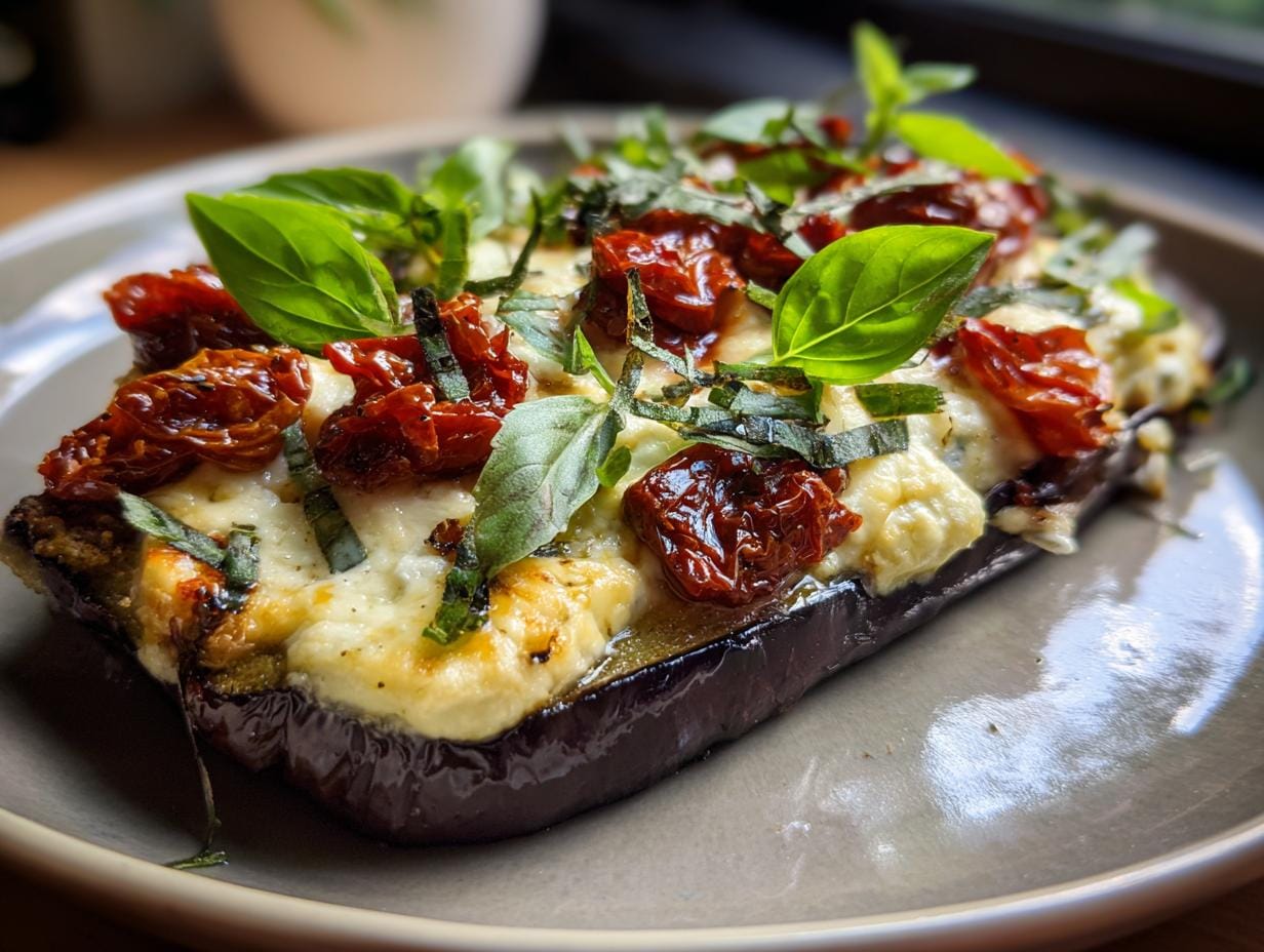 Close-up of Gebackene Auberginen mit Ricotta und Tomaten, garnished with basil.