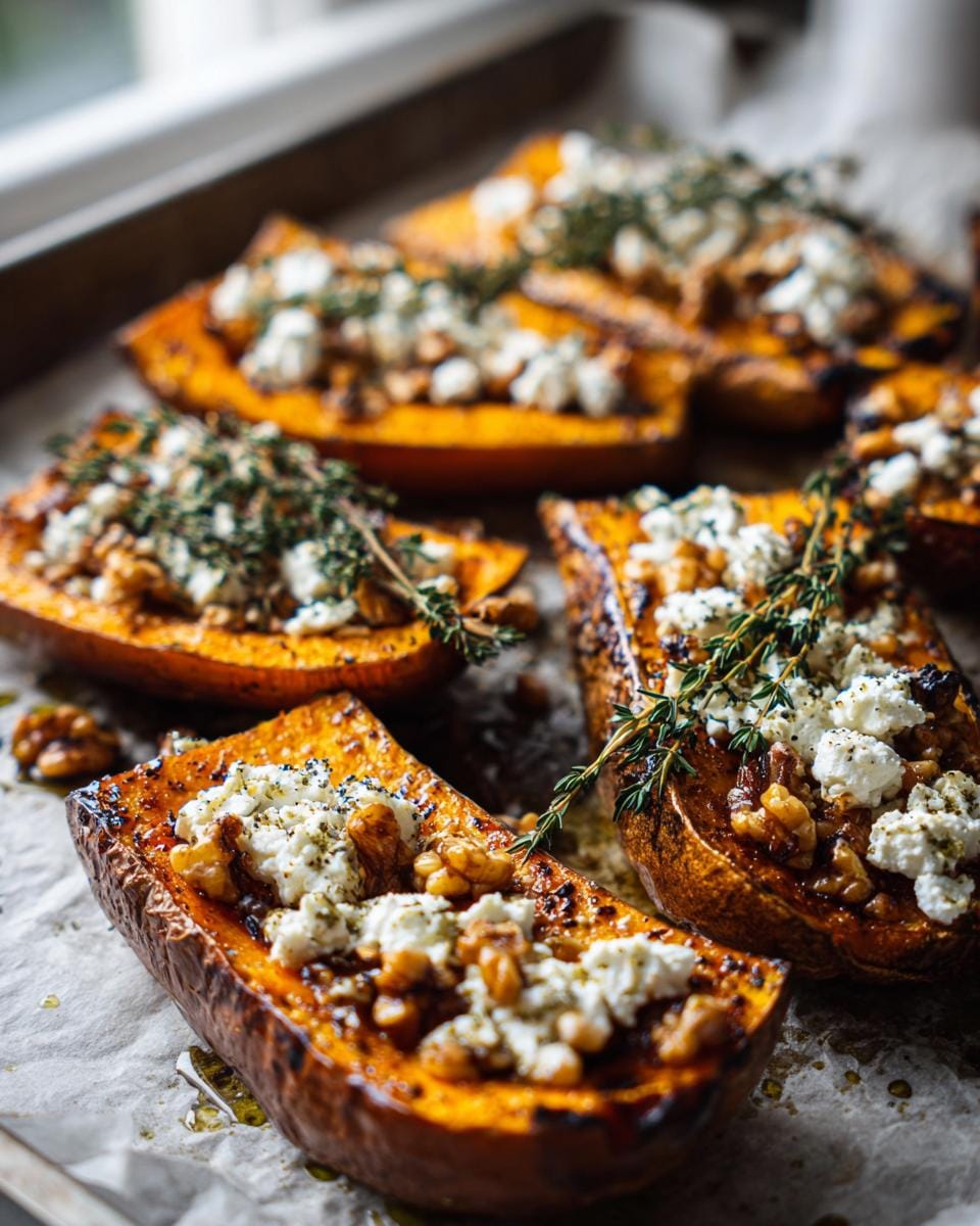 Close-up of Gebackener Kürbis mit Feta und Walnüssen, garnished with thyme.