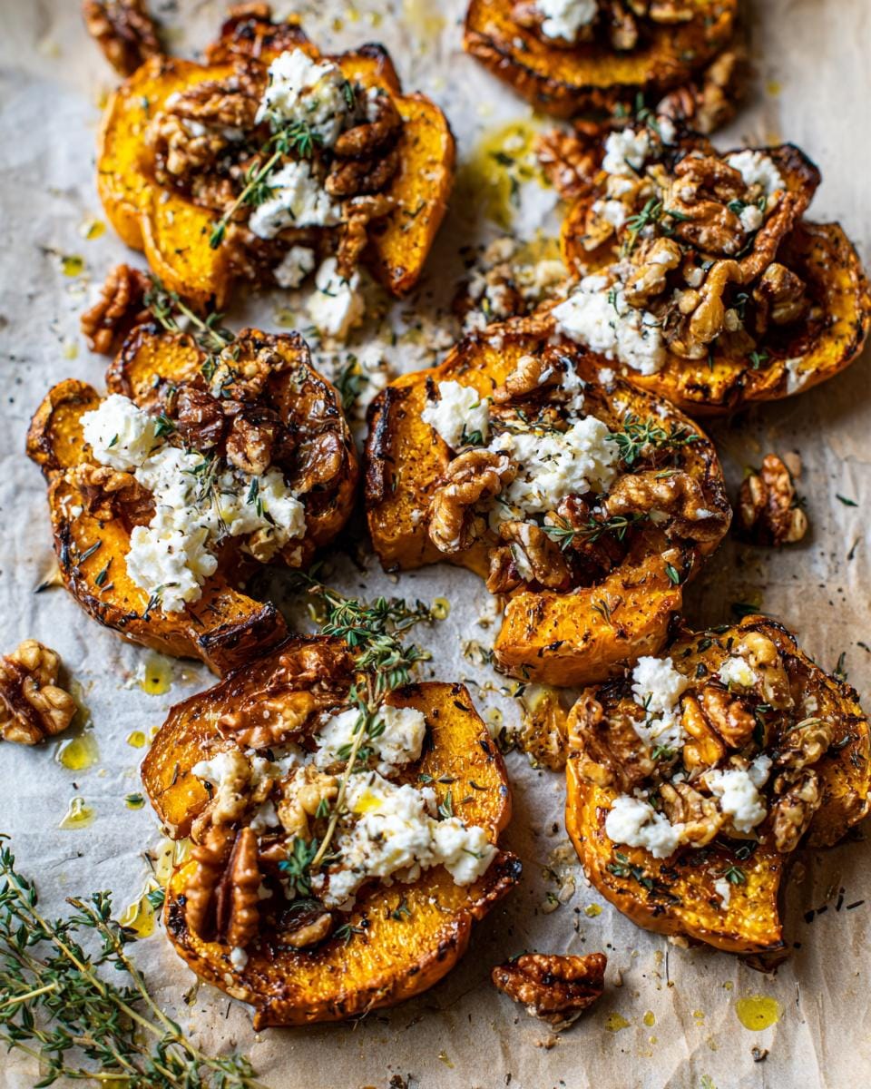 Gebackener Kürbis mit Feta und Walnüssen: Roasted pumpkin topped with feta cheese, walnuts, and thyme.
