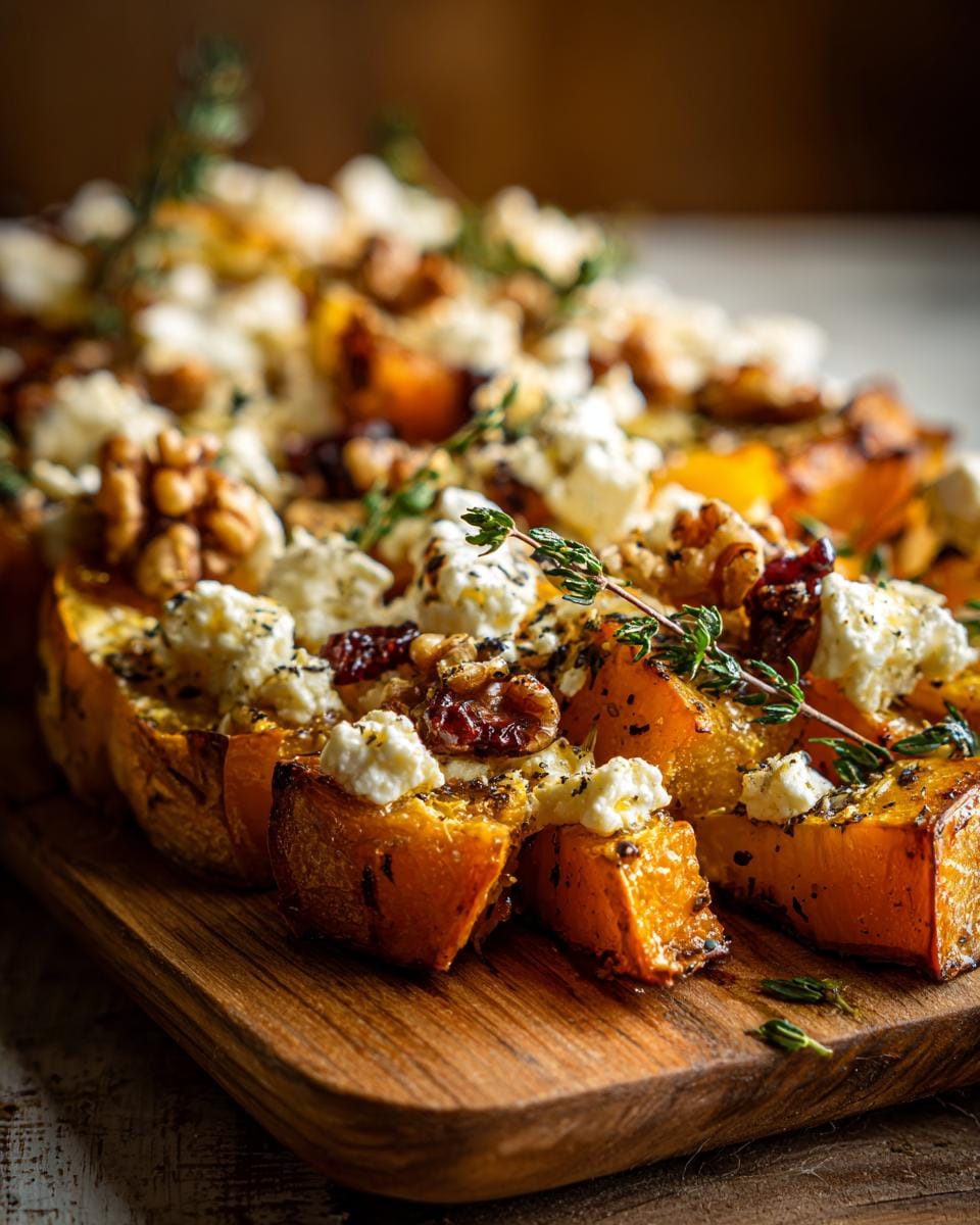 Close-up of Gebackener Kürbis mit Feta und Walnüssen on a wooden board, garnished with thyme.