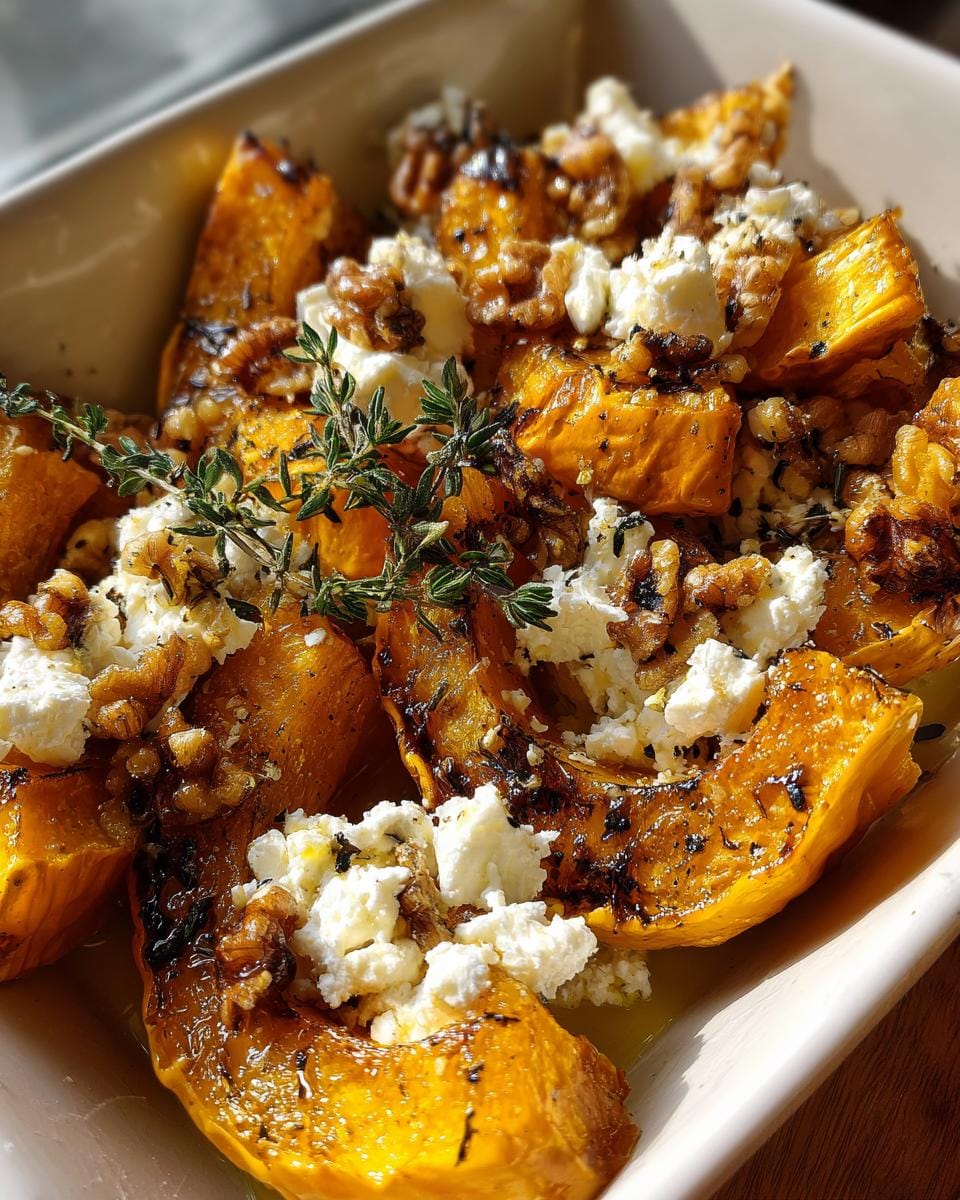 Close-up of Gebackener Kürbis mit Feta und Walnüssen, showing roasted pumpkin, feta cheese, walnuts, and thyme.