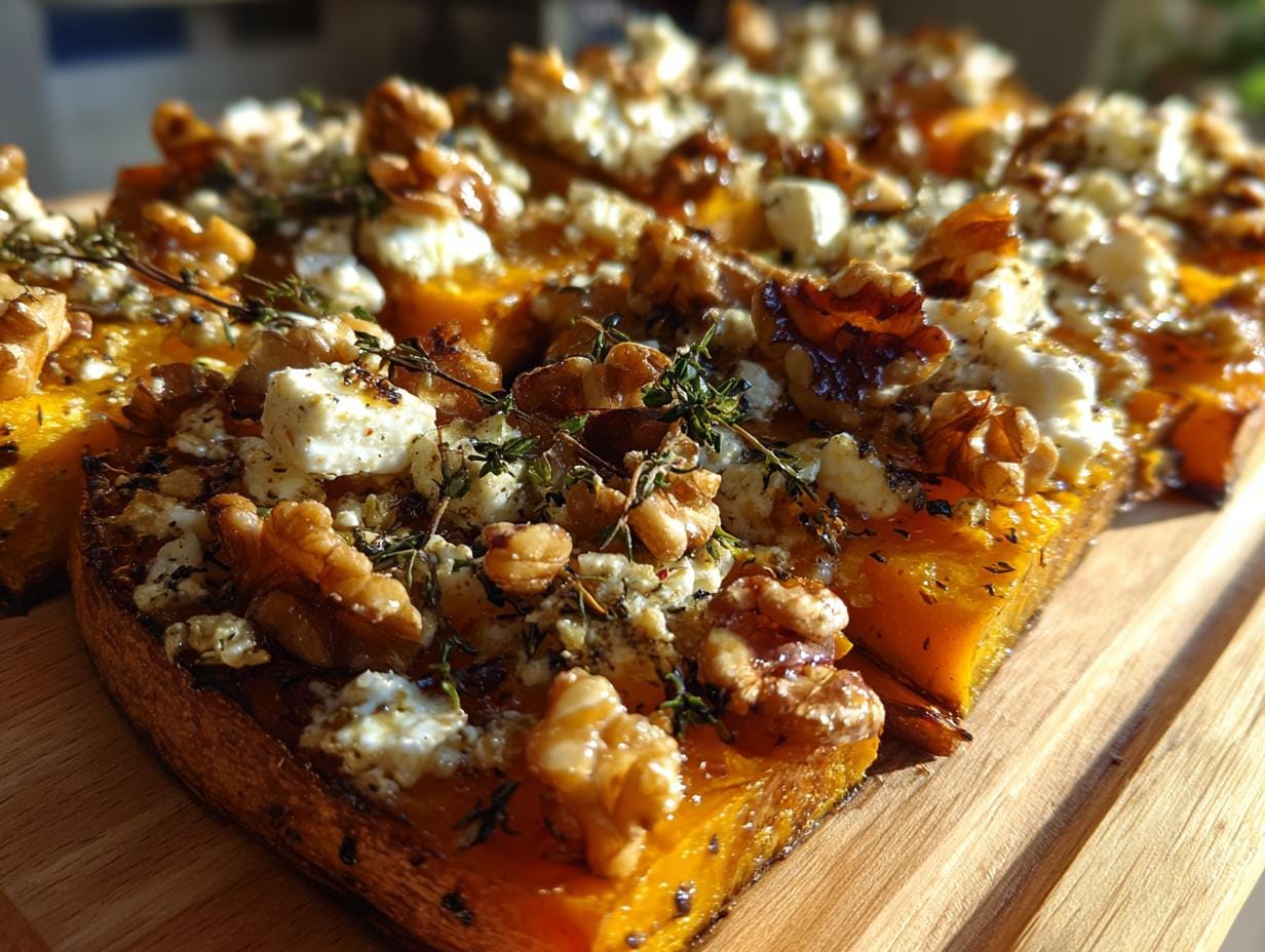 Close-up of Gebackener Kürbis mit Feta und Walnüssen, showing the roasted pumpkin, feta cheese, and walnuts.