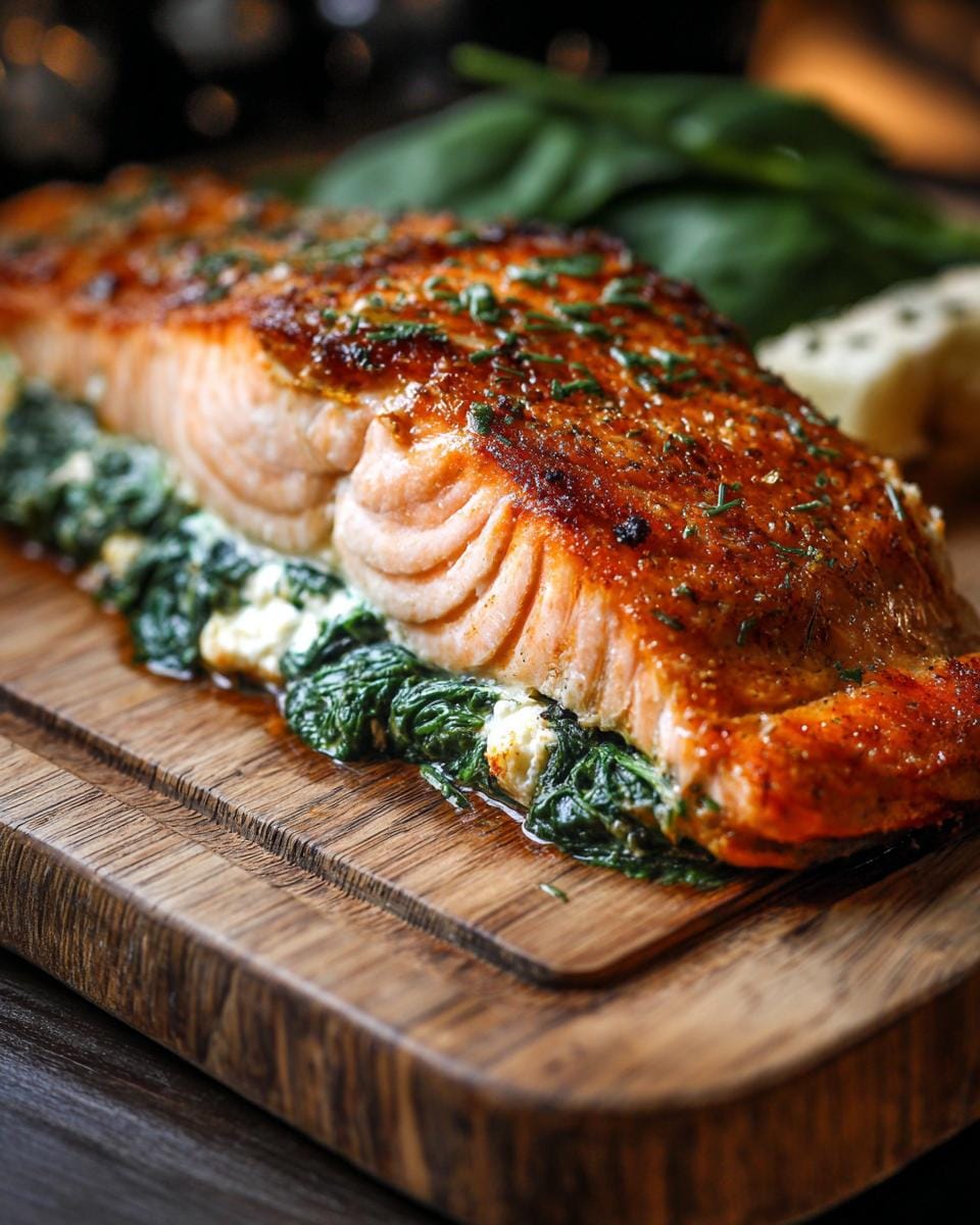 Gebackener Lachs Gefüllt mit Spinat & Feta, served on a wooden board with spinach garnish.