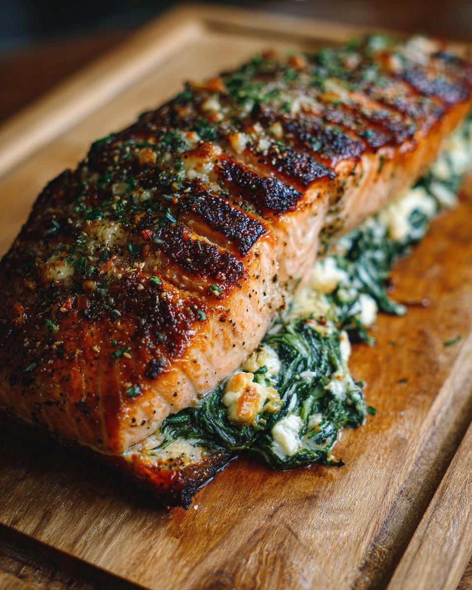 Close-up of Gebackener Lachs Gefüllt mit Spinat & Feta on a wooden board, showcasing the golden-brown salmon and creamy filling.