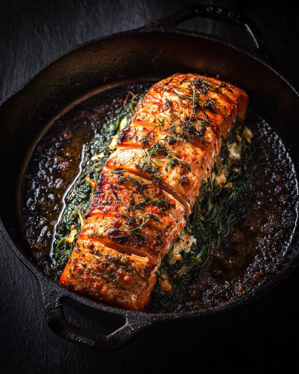 Gebackener Lachs Gefüllt mit Spinat & Feta, serviert in einer gusseisernen Pfanne, garniert mit frischen Kräutern.