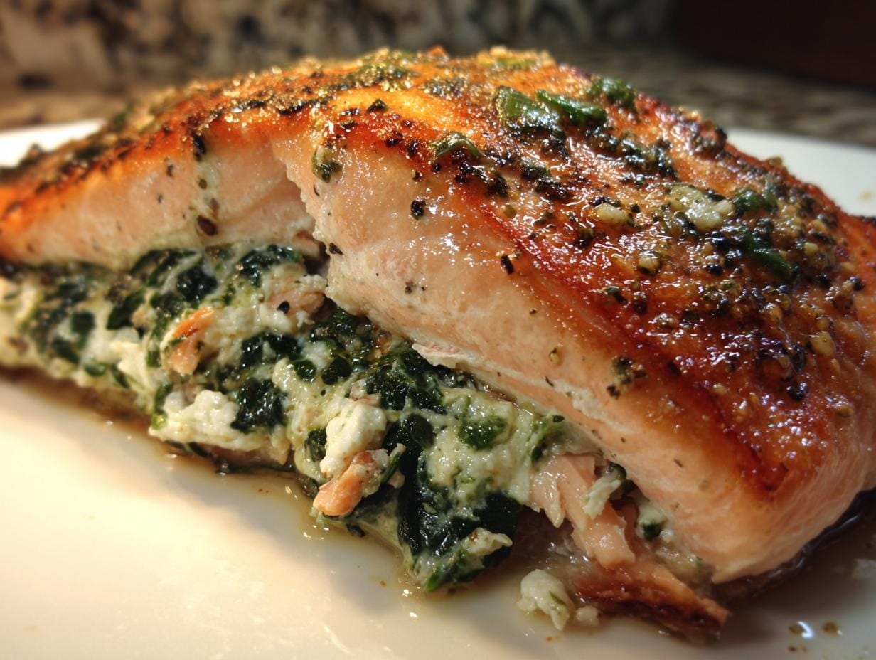 Close-up of Gebackener Lachs Gefüllt mit Spinat & Feta, showcasing the filling and golden-brown salmon.