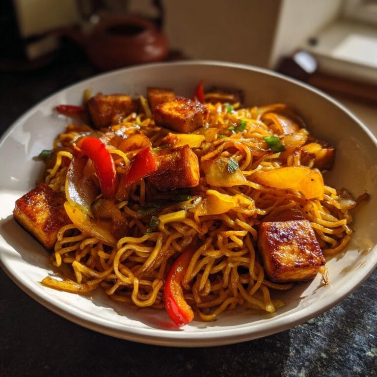Close-up of Gebratene Eiernudeln mit Tofu, featuring noodles, tofu cubes, peppers, and onions in a white bowl.
