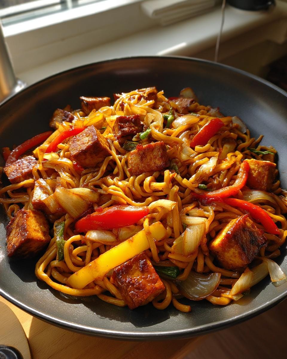 Nahaufnahme von Gebratene Eiernudeln mit Tofu, Paprika und Zwiebeln in einer schwarzen Schüssel.