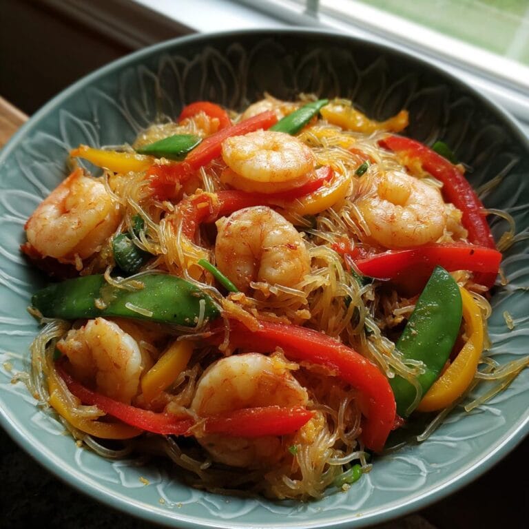 Close-up of Gebratene Glasnudeln mit Garnelen (fried glass noodles with shrimp) in a bowl, with colorful peppers and snow peas.