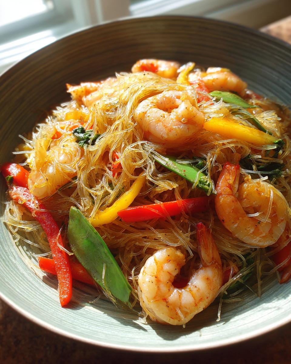 Close-up of Gebratene Glasnudeln mit Garnelen, featuring glass noodles, shrimp, and colorful vegetables in a bowl.