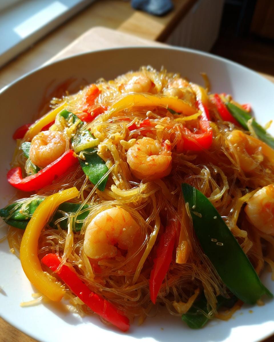 Close-up of Gebratene Glasnudeln mit Garnelen, featuring glass noodles, shrimp, bell peppers, and snow peas.