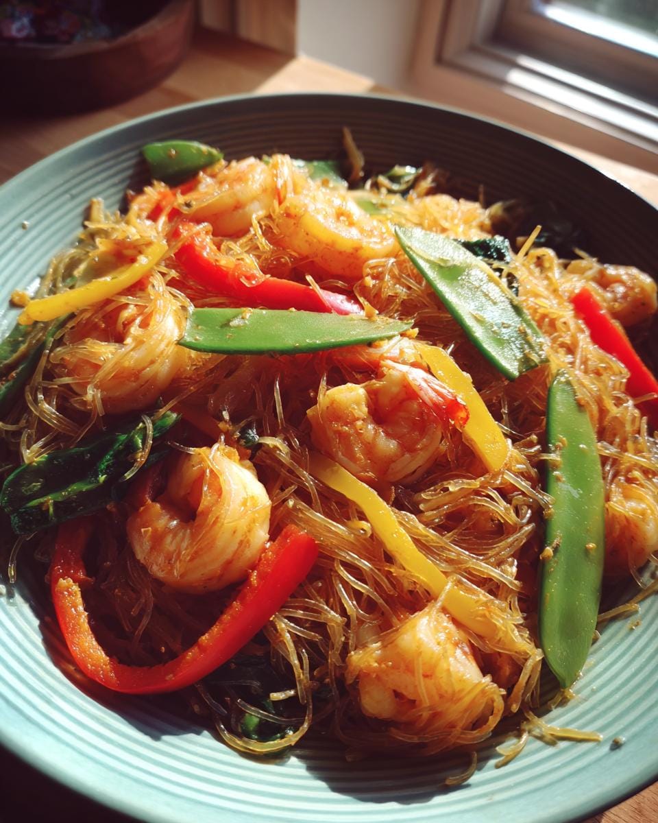 Close-up of Gebratene Glasnudeln mit Garnelen (fried glass noodles with shrimp), featuring vibrant peppers and snow peas.