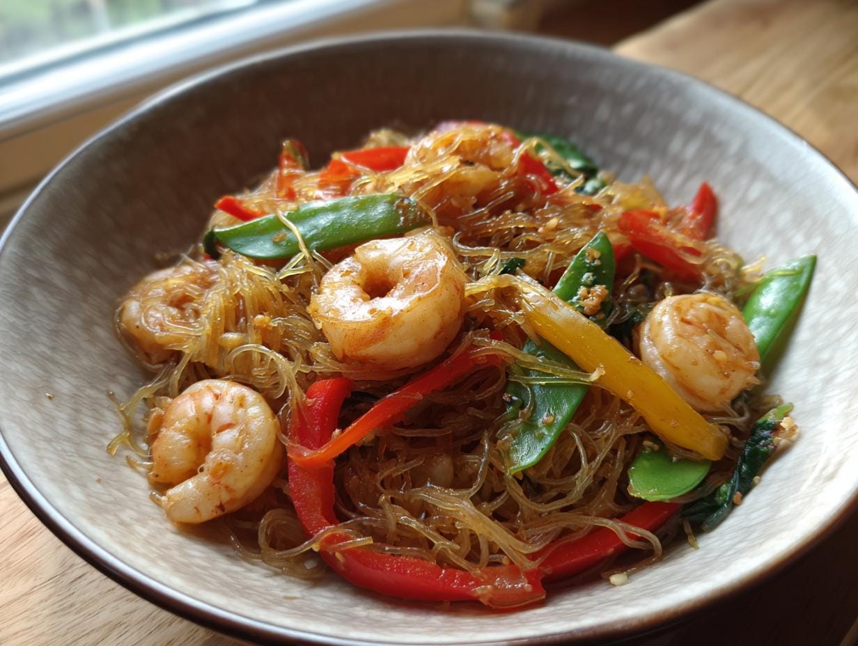 Close-up of Gebratene Glasnudeln mit Garnelen, featuring glass noodles, shrimp, and colorful vegetables in a bowl.