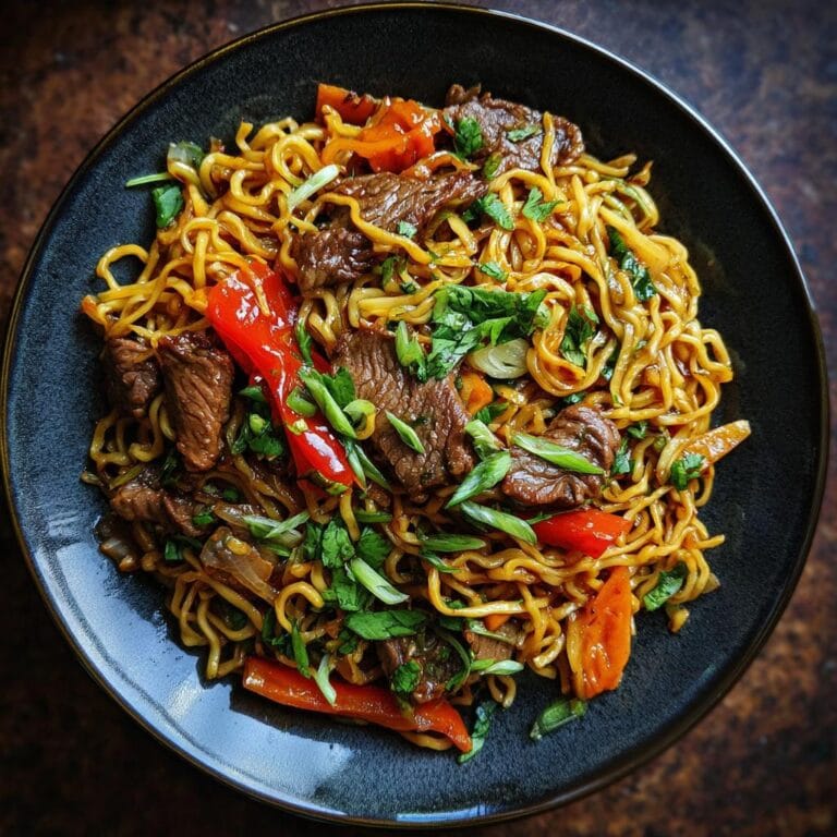 Overhead view of Gebratene Mie Nudeln mit Rindfleisch, featuring beef, noodles, peppers, and herbs on a dark plate.