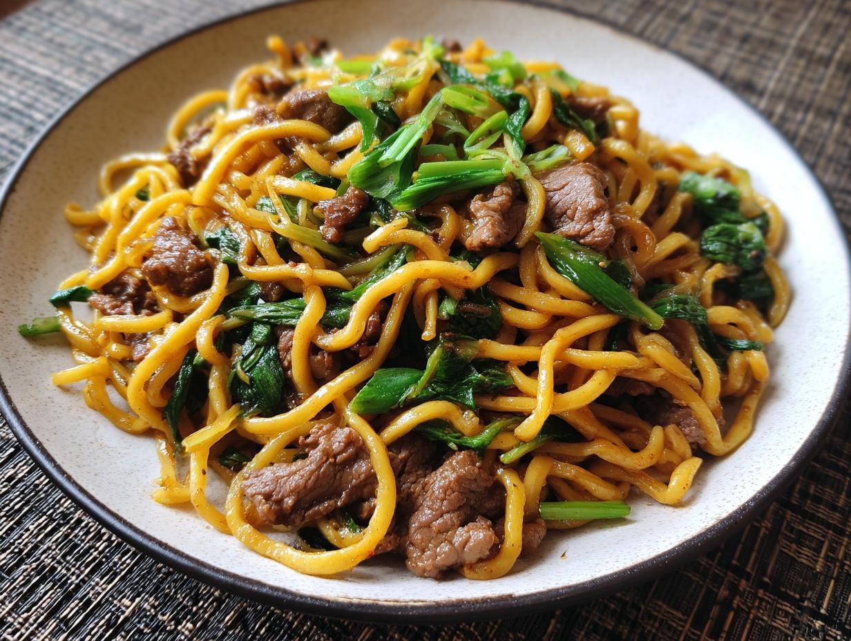 Close-up of Gebratene Mie Nudeln mit Rindfleisch (fried egg noodles with beef) and greens on a plate.
