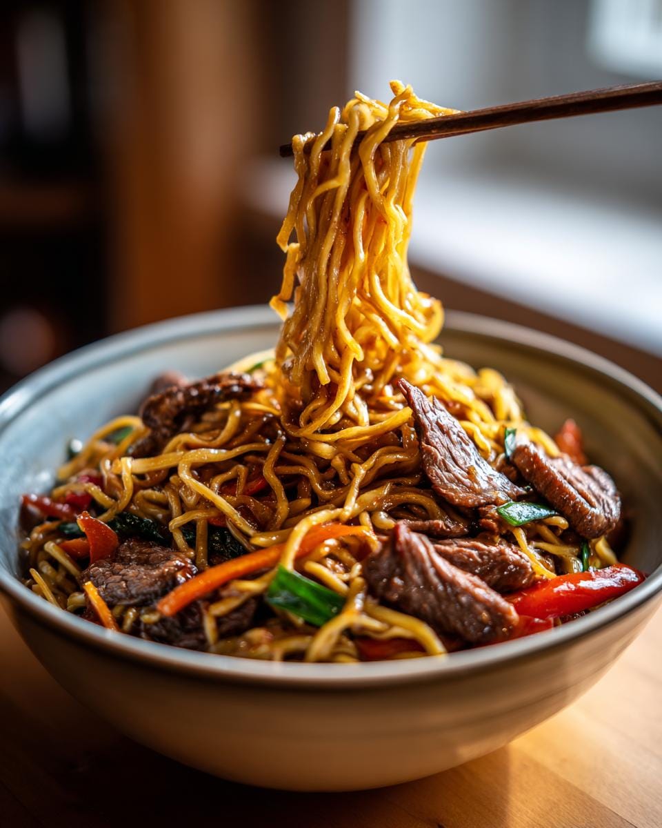 Gebratene Nudeln mit Ente und Gemüse, serviert in einer Schüssel und mit Stäbchen aufgenommen.